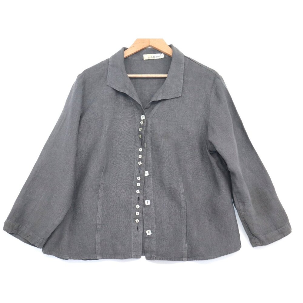 Cut Loose Womens Natural Hand Dyed  Button-Down 3/4 Sleeve Linen Shirt XL Office
